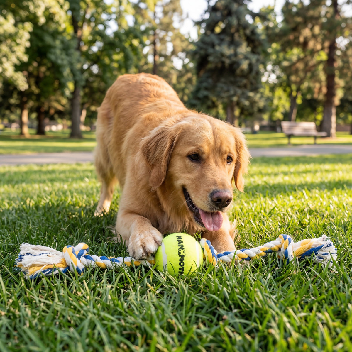 Flossy Chews Cottonblend 3 Knot Tug with Big 6" Tennis Ball Rope Dog Toy, Extra-Large, 36", Assorted Colors