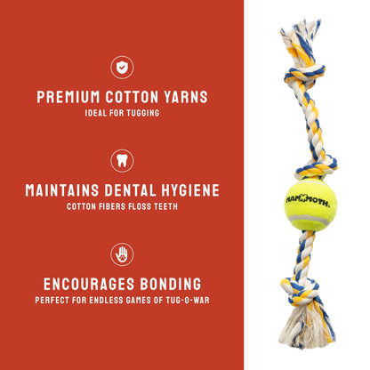 Flossy Chews Cottonblend 3 Knot Tug with Big 6" Tennis Ball Rope Dog Toy, Extra-Large, 36", Assorted Colors