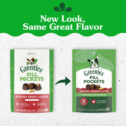 Pill Pockets for Dogs Capsule Size Natural Soft Dog Treats, Hickory Smoke Flavor, 7.9 Oz Pack (30 Treats)